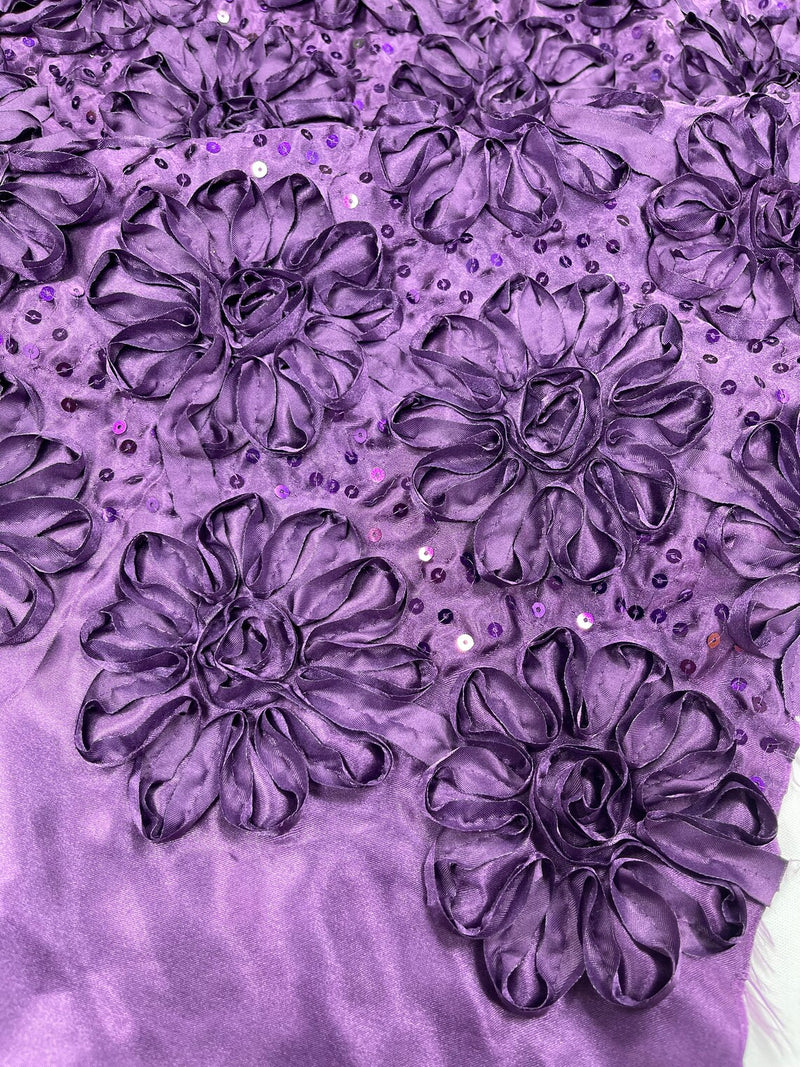 Satin Rosette Sequins Fabric - Plum - 3D Rosette Satin Rose Fabric with Sequins By Yard