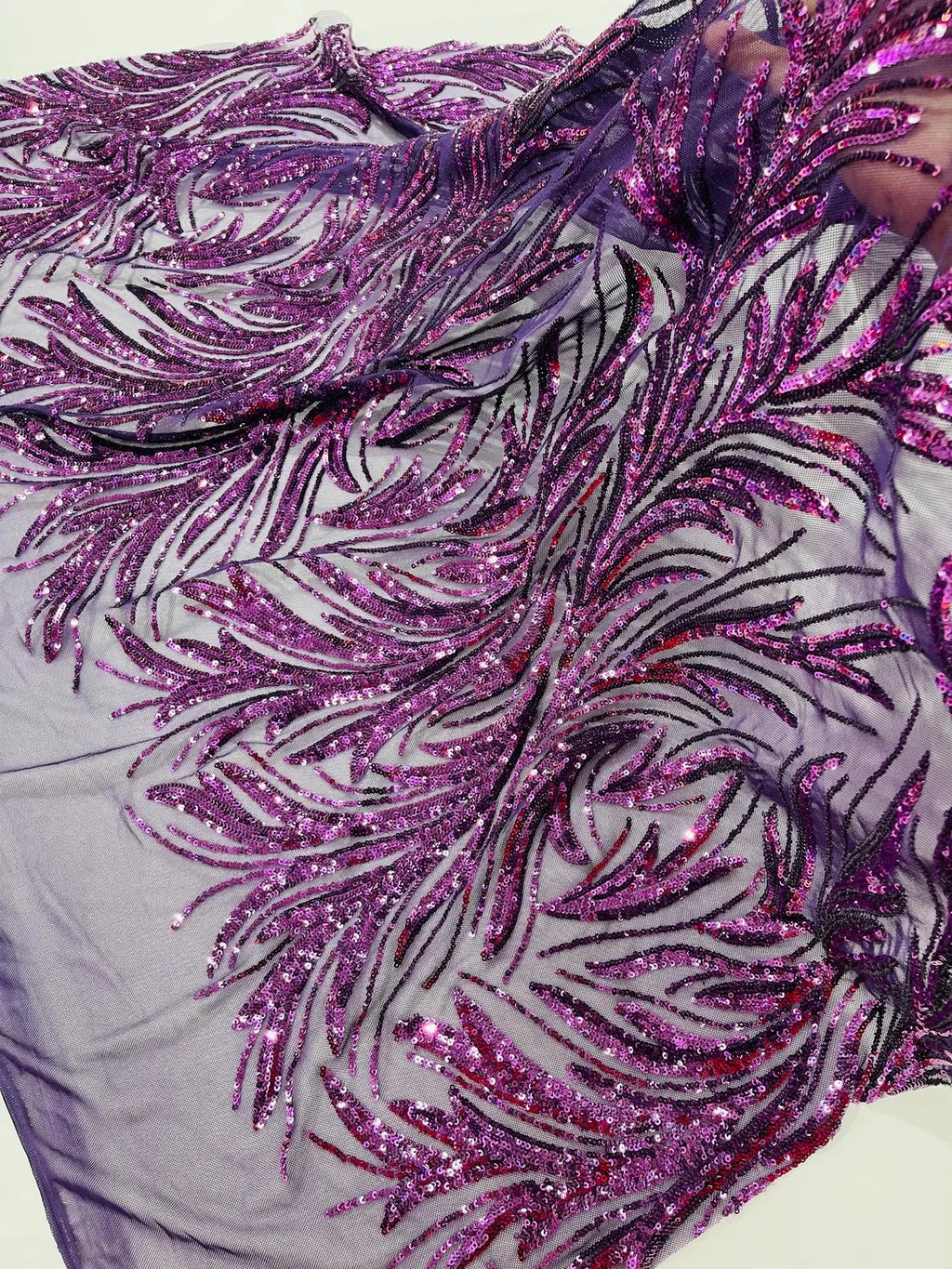 Leaf Design Stretch Sequins - Plum - 4 Way Stretch Lace Mesh Sequins Fabric by Yard