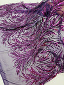 Leaf Design Stretch Sequins - Plum - 4 Way Stretch Lace Mesh Sequins Fabric by Yard