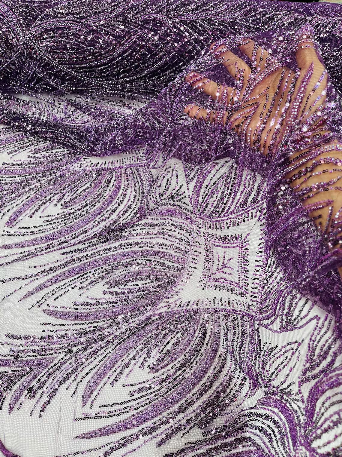 Beaded Lines Fabric - Plum - Luxury Beads and Sequins Line Design Fabric By Yard
