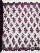Plum Floral Lace Fabric - by the yard - Corded Flower Embroidery Design With Sequins on a Mesh