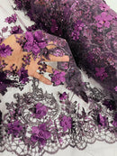 3D Flower Glitter Fabric - Plum - Floral Glitter Sequin Design on Lace Mesh Fabric by Yard