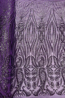 Paisley Sequin Fabric - Plum - Line Pattern 4 Way Stretch Elegant Fabric By The Yard