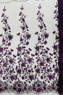 3D Flower Glitter Fabric - Plum - Floral Glitter Sequin Design on Lace Mesh Fabric by Yard