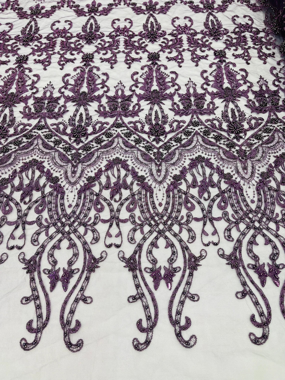 Damask Bead Fabric - Plum - Embroidered Glamorous Fabric with Round Beads Sold By Yard