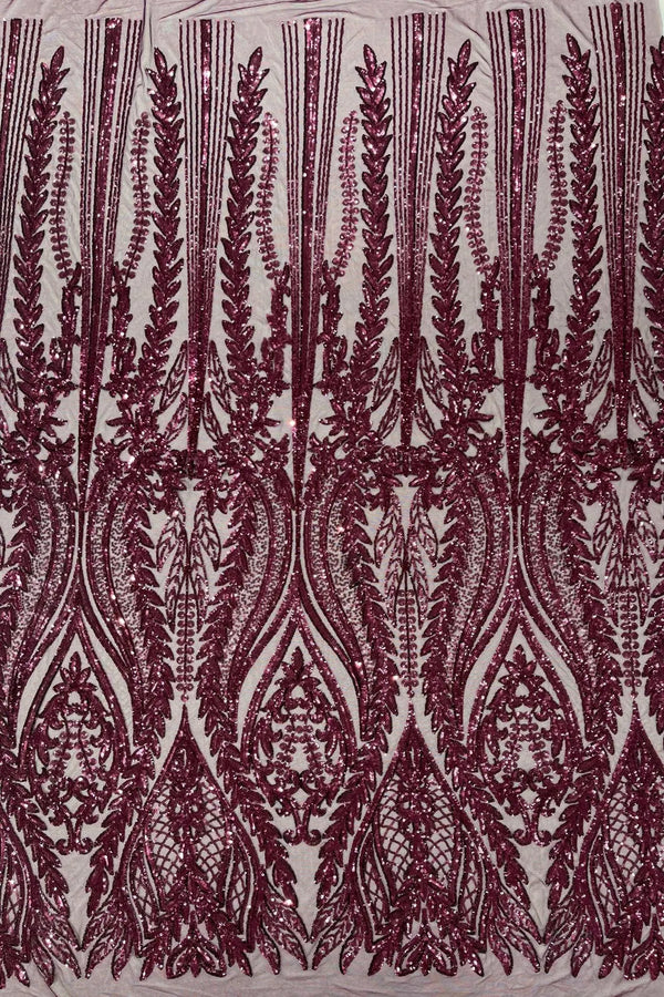 Mermaid Design Sequins Fabric - Plum - Sequins Fabric 4 Way Stretch on Mesh By Yard