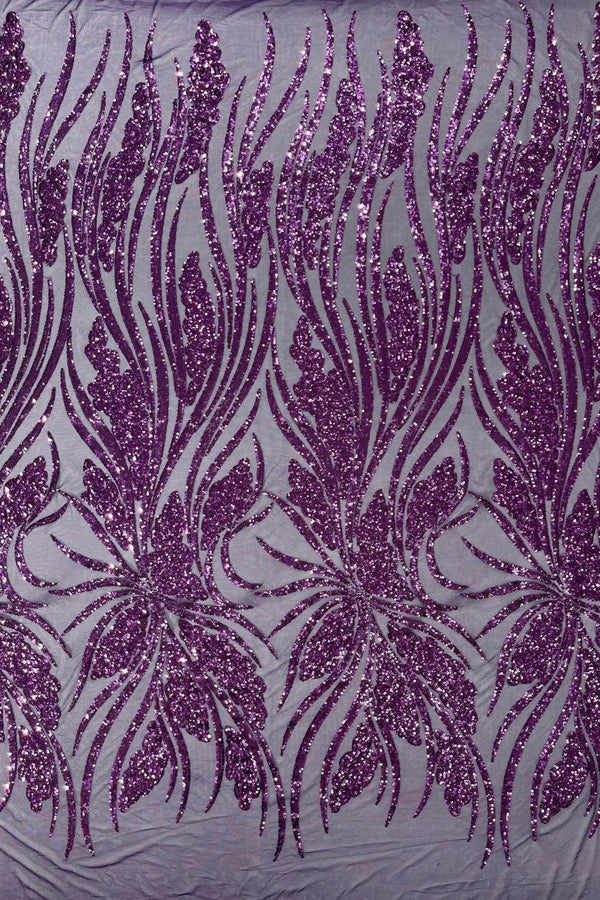 Wavy Leaf Sequins Fabric - Plum - Wavy Lines and Leaves Design on Lace Mesh Fabric by Yard