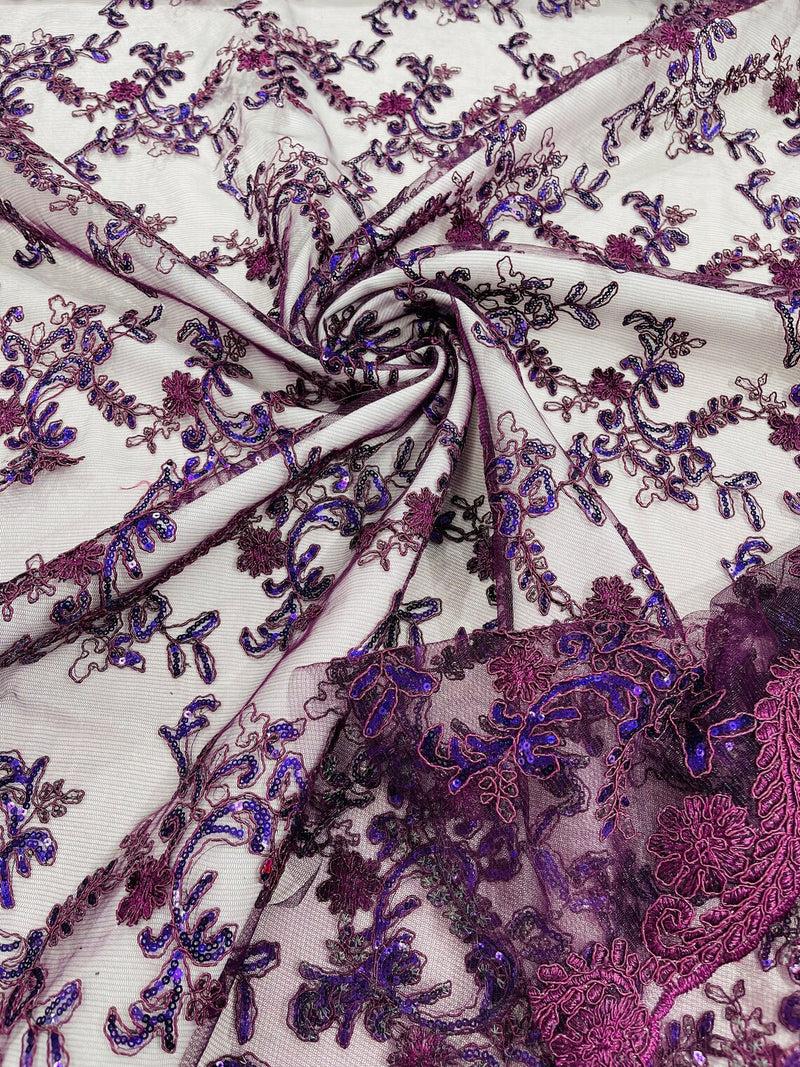 Floral Sequins Lace Fabric - Plum - Embroidery Flower Clusters Design with Shiny Sequins  Fabric Sold By Yard