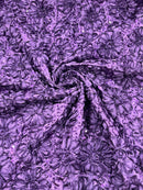 Satin Rosette Sequins Fabric - Plum - 3D Rosette Satin Rose Fabric with Sequins By Yard