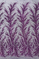 Leaf Design Stretch Sequins - Plum - 4 Way Stretch Lace Mesh Sequins Fabric by Yard