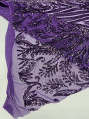 Paisley Sequin Fabric - Plum - Line Pattern 4 Way Stretch Elegant Fabric By The Yard