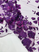 3D Floral Pearl Fabric - Plum - Embroidered Floral Pearl Fabric Double Border On Mesh By Yard