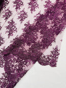 Plum Floral Lace Fabric - by the yard - Corded Flower Embroidery Design With Sequins on a Mesh