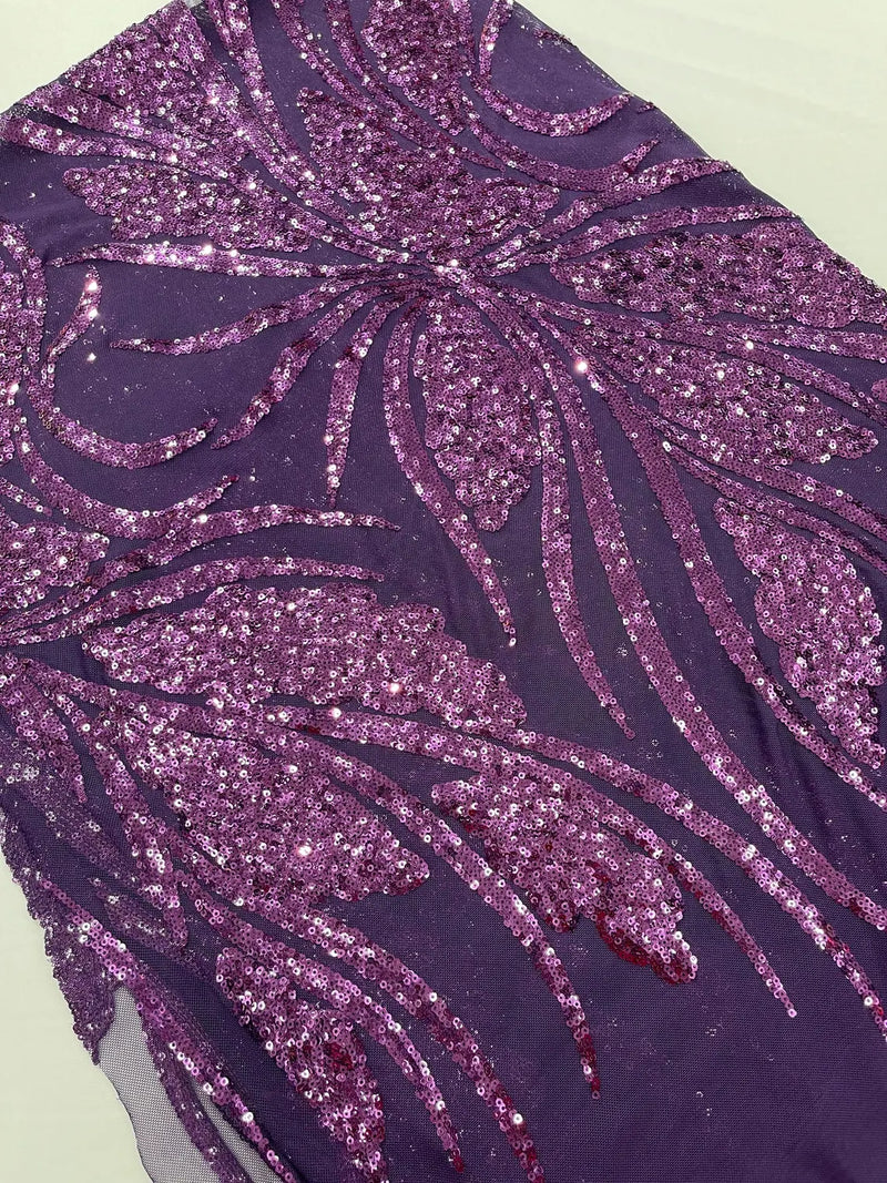 Wavy Leaf Sequins Fabric - Plum - Wavy Lines and Leaves Design on Lace Mesh Fabric by Yard