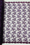 Floral Sequins Lace Fabric - Plum - Embroidery Flower Clusters Design with Shiny Sequins  Fabric Sold By Yard