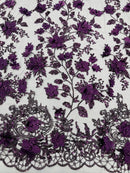 3D Flower Glitter Fabric - Plum - Floral Glitter Sequin Design on Lace Mesh Fabric by Yard