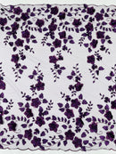 3D Floral Pearl Fabric - Plum - Embroidered Floral Pearl Fabric Double Border On Mesh By Yard