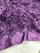 Satin Rosette Sequins Fabric - Plum - 3D Rosette Satin Rose Fabric with Sequins By Yard
