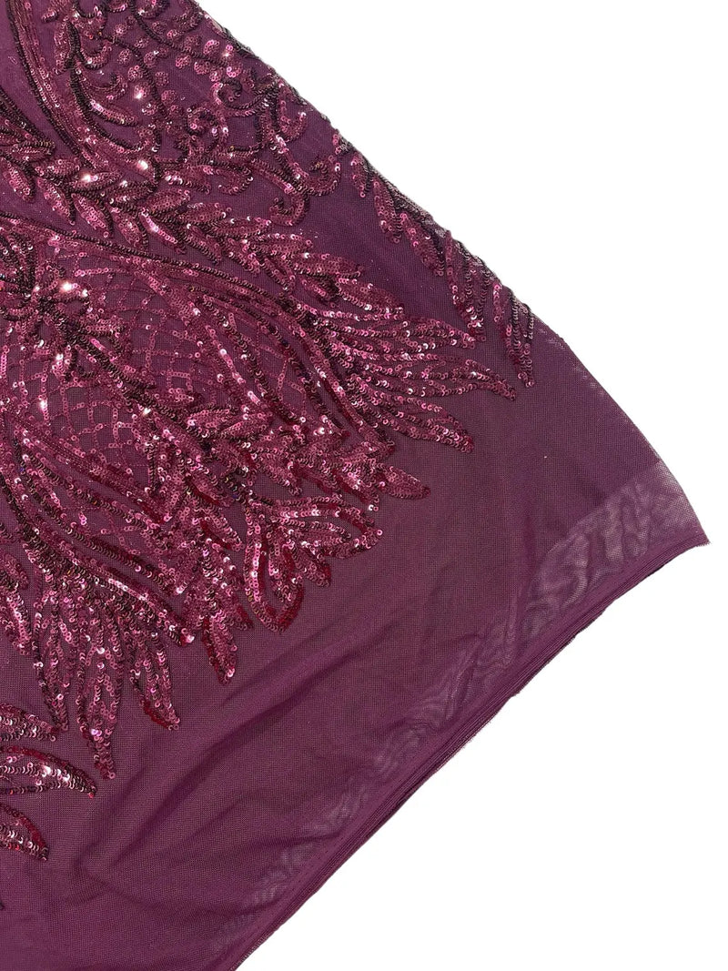 Mermaid Design Sequins Fabric - Plum - Sequins Fabric 4 Way Stretch on Mesh By Yard