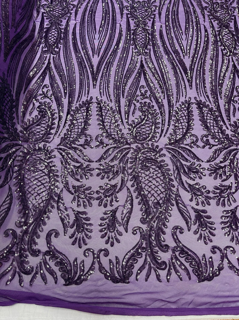 Paisley Sequin Fabric - Plum - Line Pattern 4 Way Stretch Elegant Fabric By The Yard