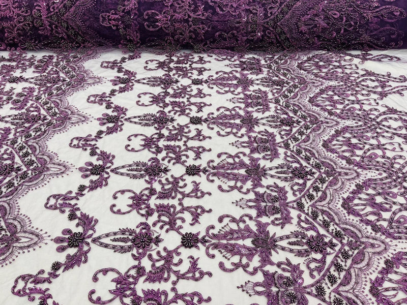Damask Bead Fabric - Plum - Embroidered Glamorous Fabric with Round Beads Sold By Yard