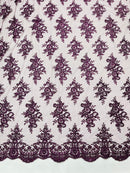 Plum Floral Lace Fabric - by the yard - Corded Flower Embroidery Design With Sequins on a Mesh