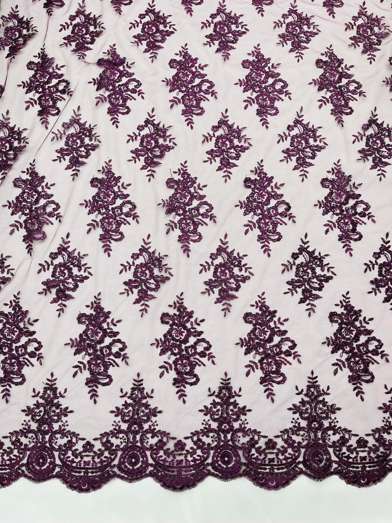 Plum Purple Luna Damask Stretch Sequins Wedding Prom Lace Fabric