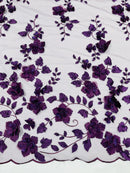 3D Floral Pearl Fabric - Plum - Embroidered Floral Pearl Fabric Double Border On Mesh By Yard