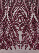 Mermaid Design Sequins Fabric - Plum - Sequins Fabric 4 Way Stretch on Mesh By Yard