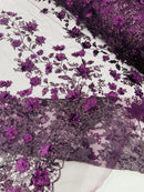 3D Flower Glitter Fabric - Plum - Floral Glitter Sequin Design on Lace Mesh Fabric by Yard