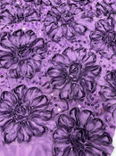 Satin Rosette Sequins Fabric - Plum - 3D Rosette Satin Rose Fabric with Sequins By Yard