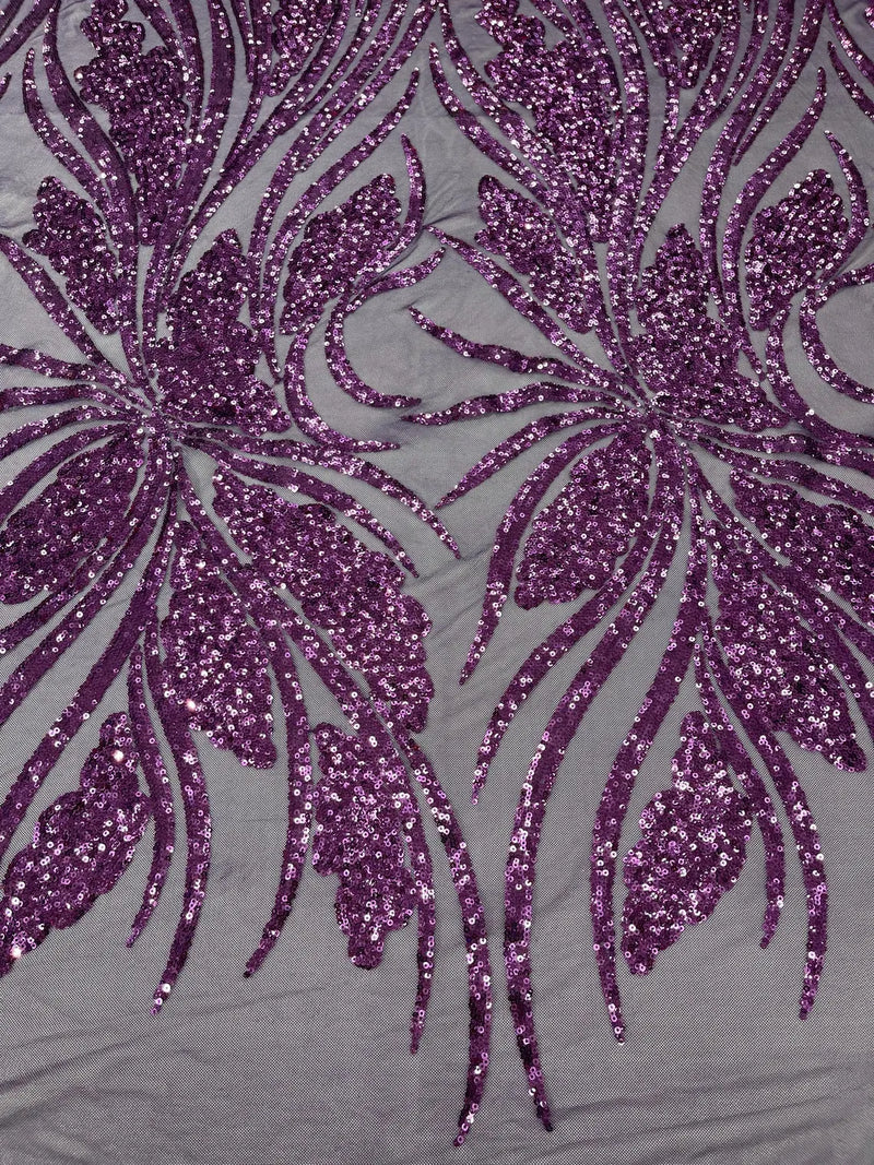 Wavy Leaf Sequins Fabric - Plum - Wavy Lines and Leaves Design on Lace Mesh Fabric by Yard