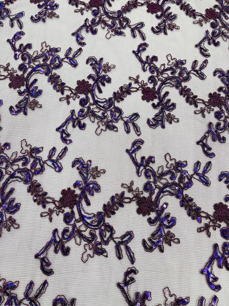 Floral Sequins Lace Fabric - Plum - Embroidery Flower Clusters Design with Shiny Sequins  Fabric Sold By Yard