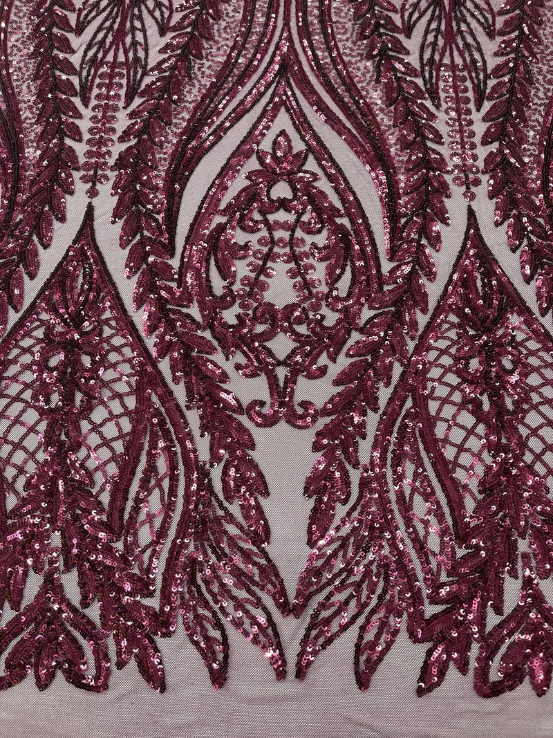 Mermaid Design Sequins Fabric - Plum - Sequins Fabric 4 Way Stretch on Mesh By Yard