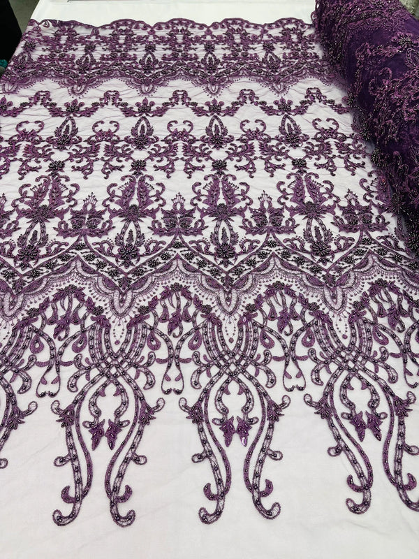 Damask Bead Fabric - Plum - Embroidered Glamorous Fabric with Round Beads Sold By Yard