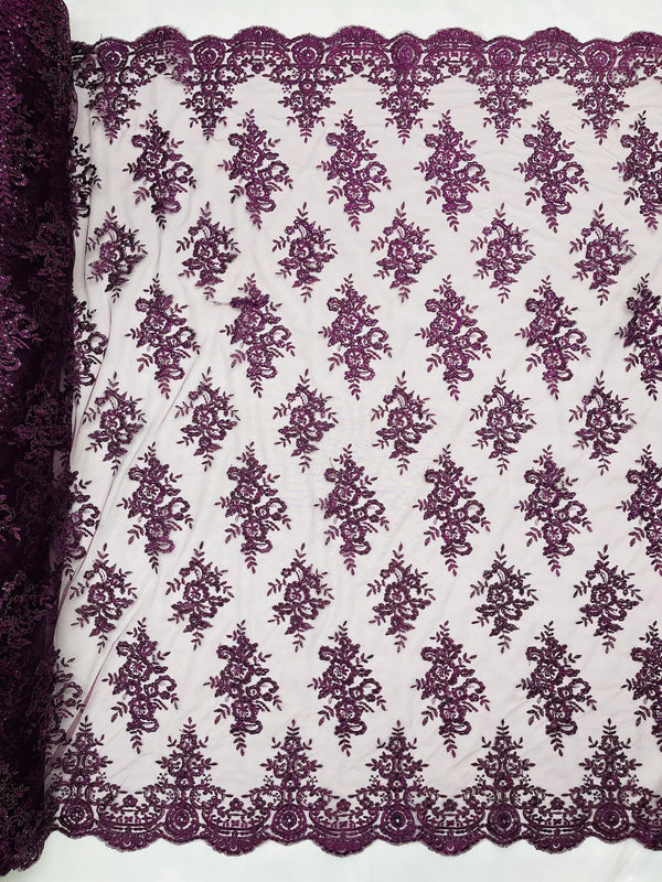 Plum Floral Lace Fabric - by the yard - Corded Flower Embroidery Design With Sequins on a Mesh