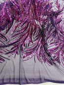 Leaf Design Stretch Sequins - Plum - 4 Way Stretch Lace Mesh Sequins Fabric by Yard