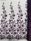 3D Flower Glitter Fabric - Plum - Floral Glitter Sequin Design on Lace Mesh Fabric by Yard