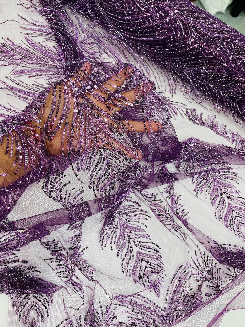 Beaded Lines Fabric - Plum - Luxury Beads and Sequins Line Design Fabric By Yard