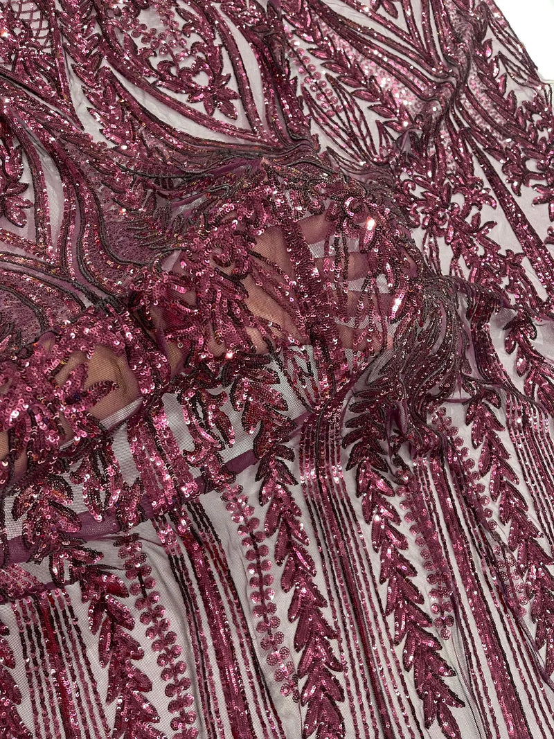 Mermaid Design Sequins Fabric - Plum - Sequins Fabric 4 Way Stretch on Mesh By Yard