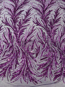 Leaf Design Stretch Sequins - Plum - 4 Way Stretch Lace Mesh Sequins Fabric by Yard