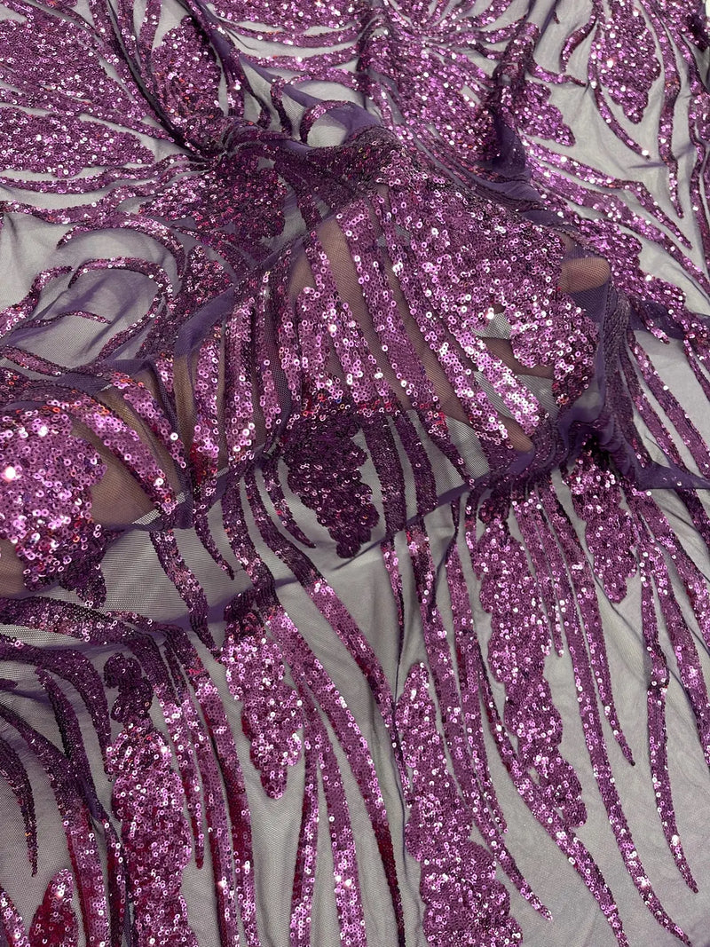 Wavy Leaf Sequins Fabric - Plum - Wavy Lines and Leaves Design on Lace Mesh Fabric by Yard