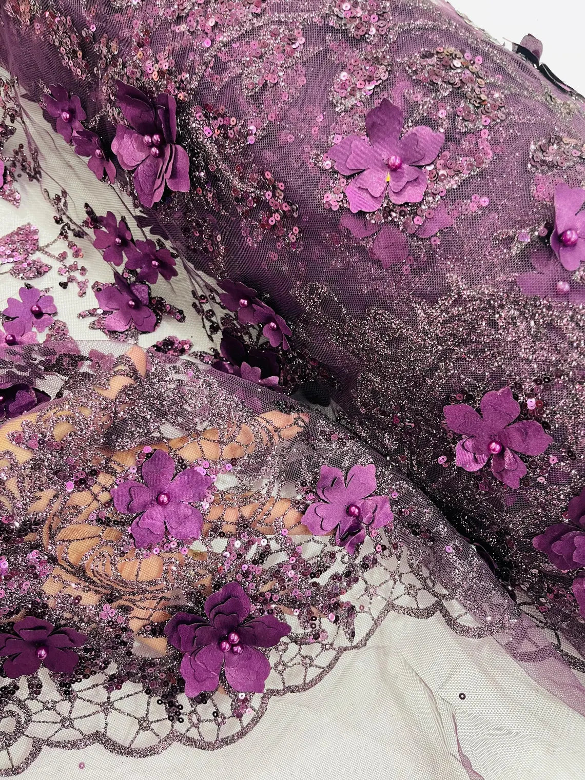 3D Flower Glitter Fabric - Plum - Floral Glitter Sequin Design on Lace Mesh Fabric by Yard