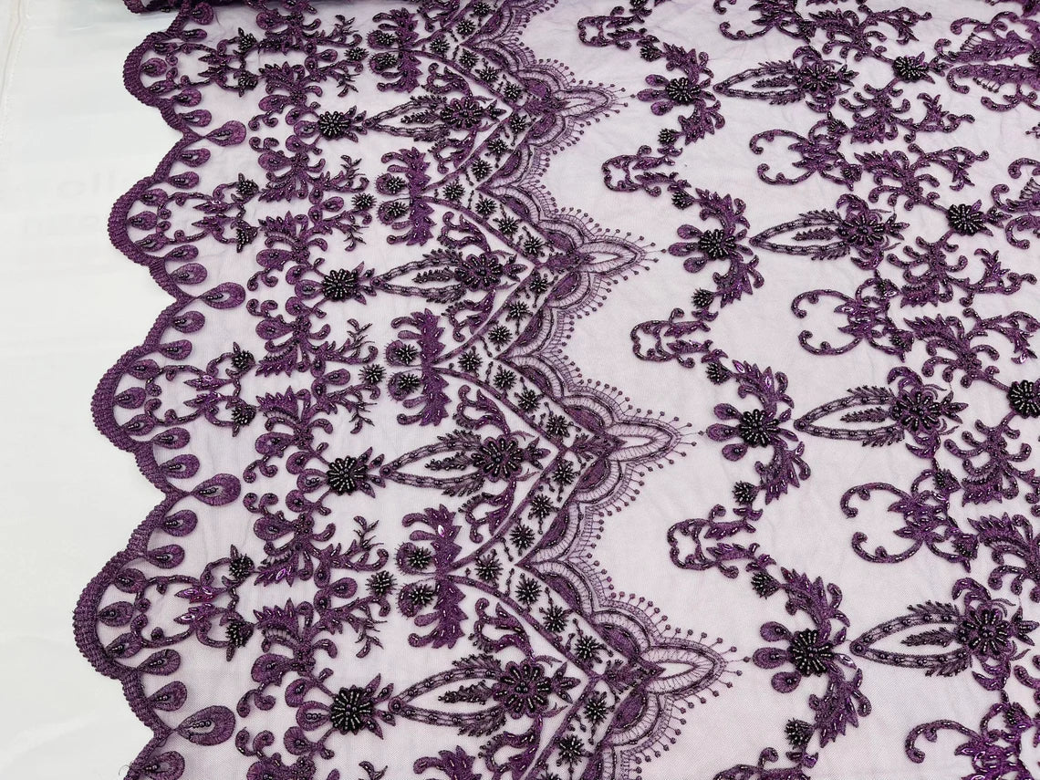 Damask Bead Fabric - Plum - Embroidered Glamorous Fabric with Round Beads Sold By Yard