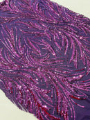 Leaf Design Stretch Sequins - Plum - 4 Way Stretch Lace Mesh Sequins Fabric by Yard