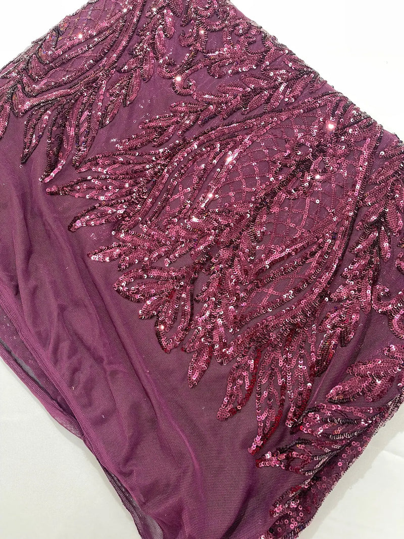 Mermaid Design Sequins Fabric - Plum - Sequins Fabric 4 Way Stretch on Mesh By Yard