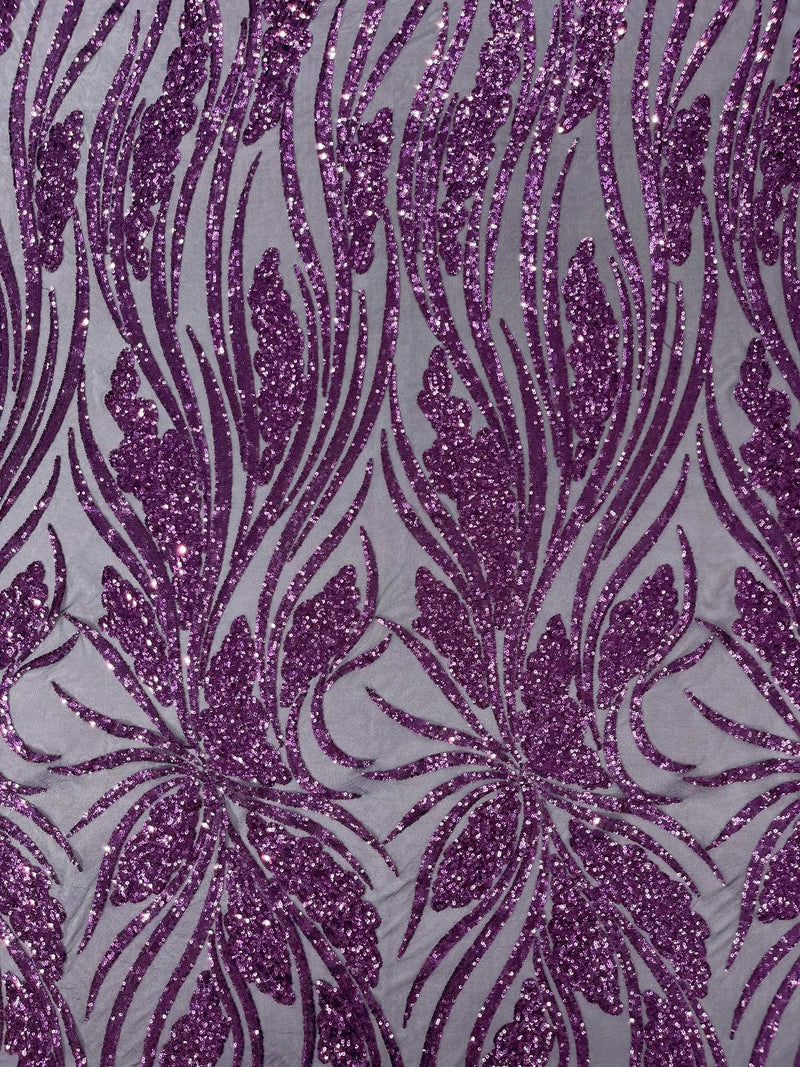 Wavy Leaf Sequins Fabric - Plum - Wavy Lines and Leaves Design on Lace Mesh Fabric by Yard