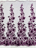 Flower 3D Fabric - Plum - Embroided Fabric Flower Pearls and Leaf Decor Sold by The Yard