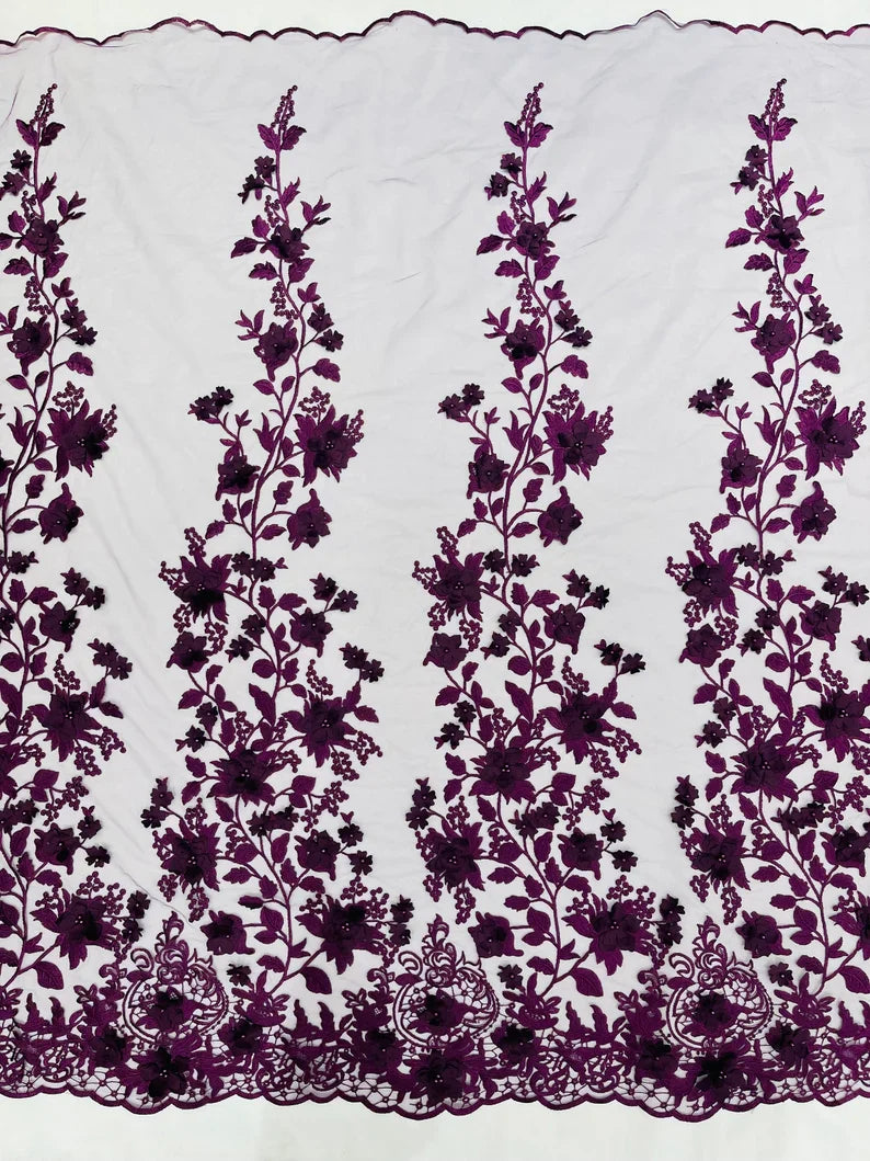 Flower 3D Fabric - Plum - Embroided Fabric Flower Pearls and Leaf Decor Sold by The Yard