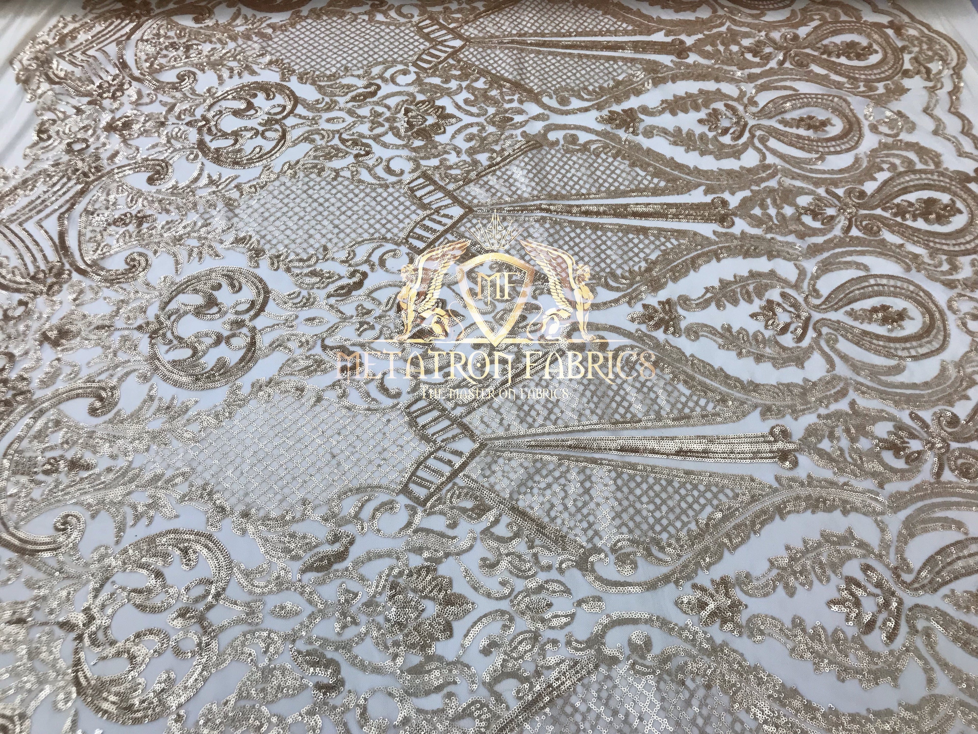 Sequins - Gold - 4 Way Stretch Fancy Fabric Embroidered On Mesh Sold By The Yard